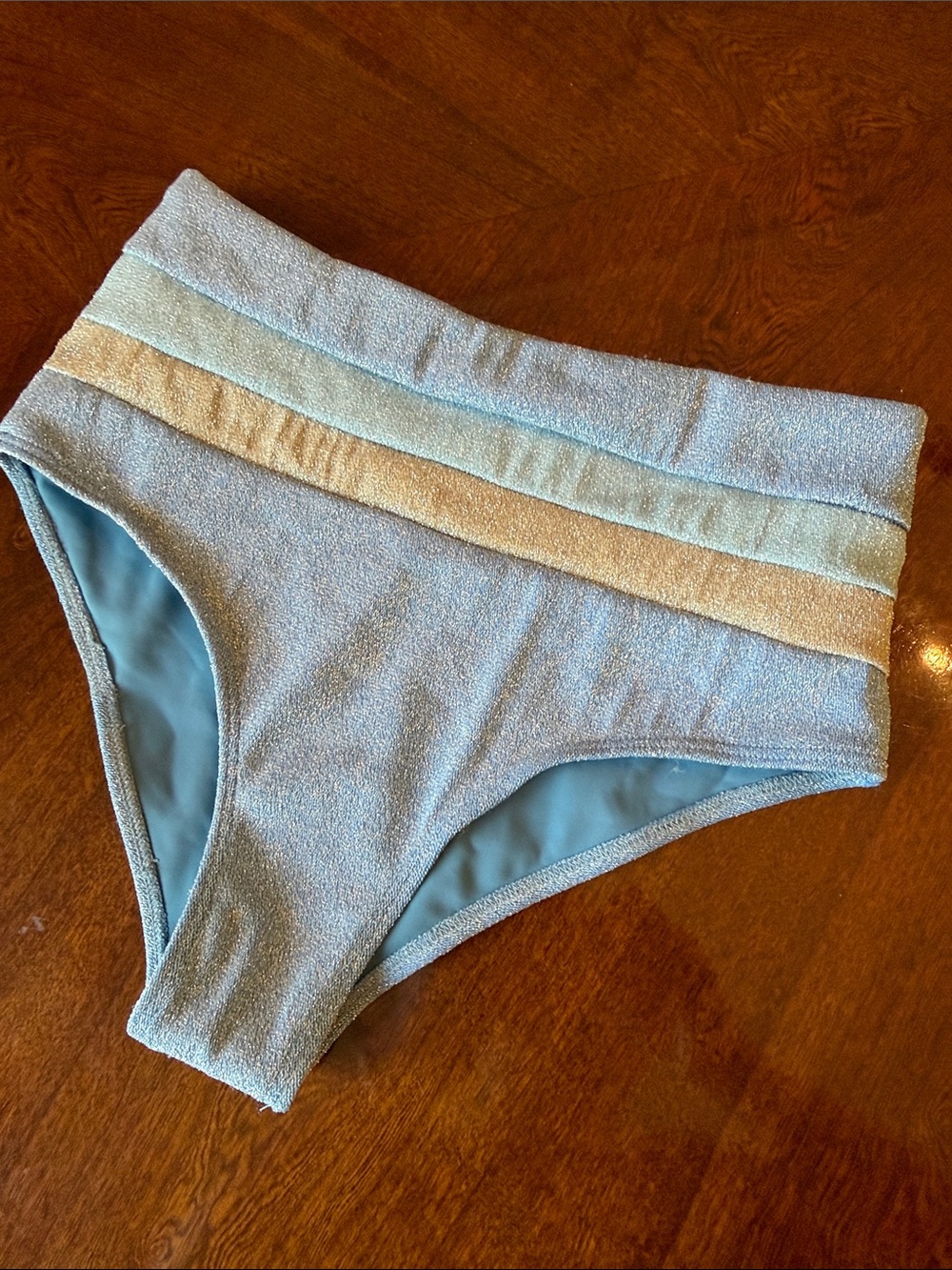 Girls Shimmery Metallic-Striped Blue High-Waist Swim Bottoms